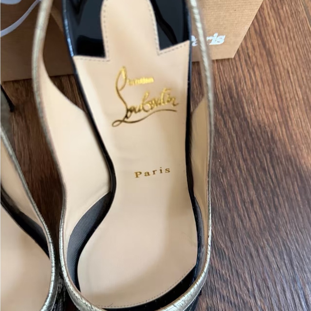 Christian Louboutin Black Lace and Metallic Gold Slingback Pumps - Picture 8 of 11